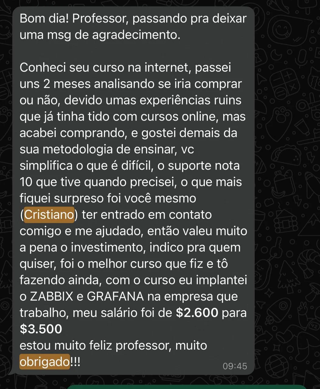 Mensagem de aluno que implantou Zabbix e Grafana na empresa e teve aumento de salário