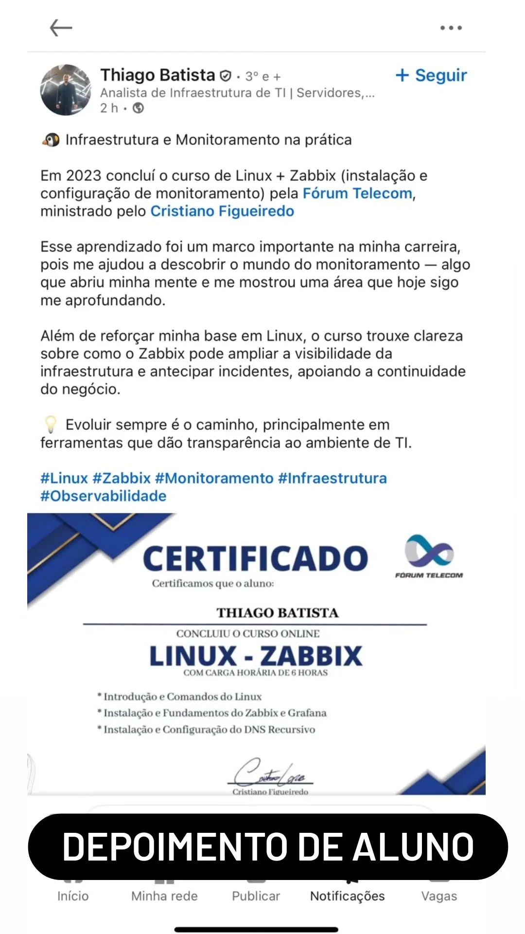 Publicação de aluno no LinkedIn sobre o curso de Linux e Zabbix, com certificado