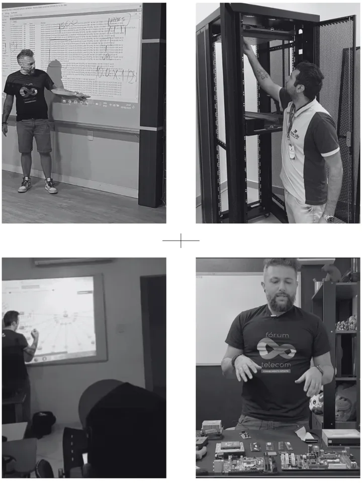 Cristiano Figueiredo dando aula, montando rack e mostrando equipamentos de rede